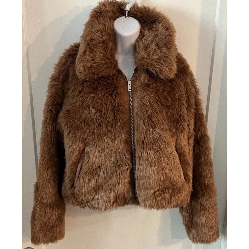 Abercrombie & Fitch Brown Faux Fur Jacket Cropped Bomber Style Teddy Coat Sz L